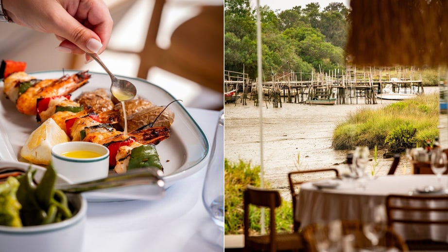 A beautifully plated dish of fresh seafood from the Atlantic coast at Sado Restaurant. Elegant dining area inside Sado Restaurant, featuring modern decor and ample natural light.