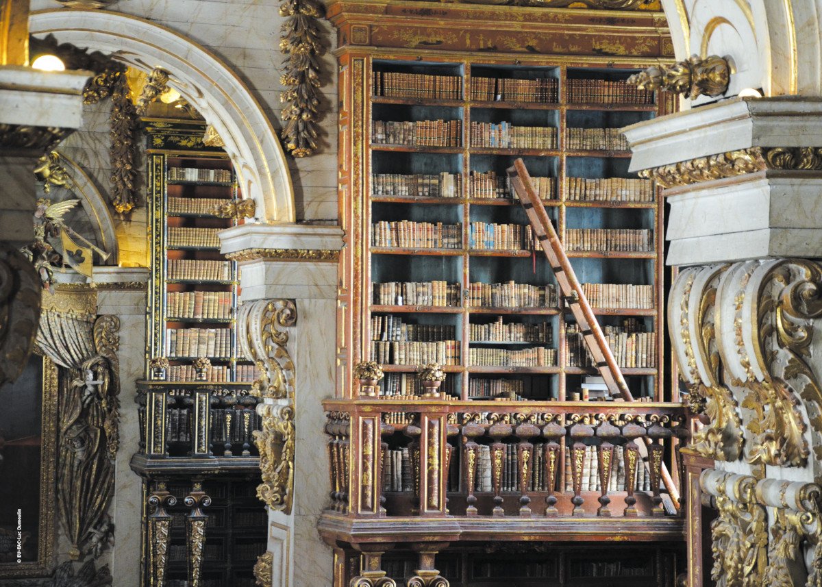 Interior of the Joanina Library in Coimbra, Portugal, featuring its stunning Baroque design, elaborately decorated bookshelves, and ornate reading tables.